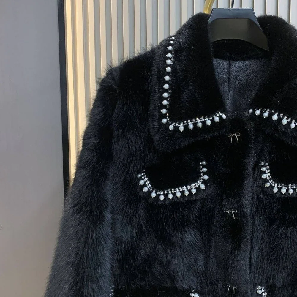 Fur coat with rhinestone trim and bow accents - Picture 3 of 5